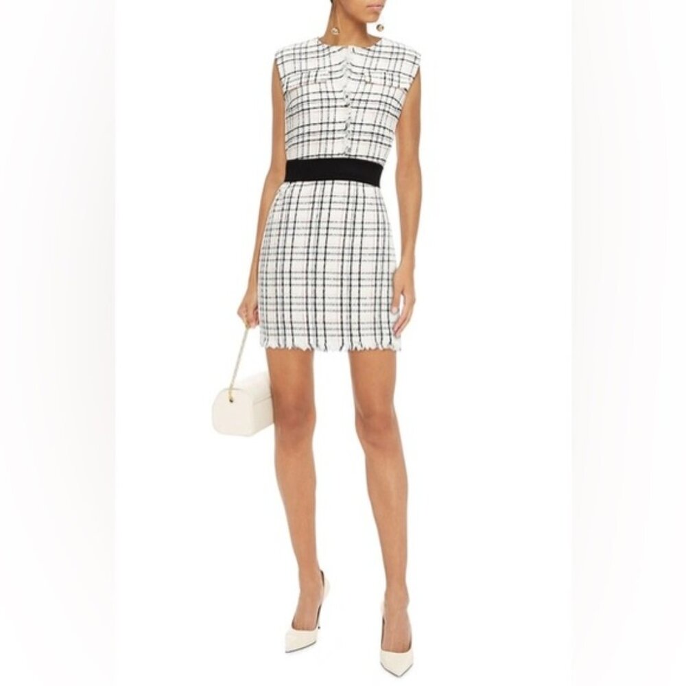 NWT Maje Paris Ecru Rainey Tweed Mini Dress With Black Belt  EU 38/US Size 6